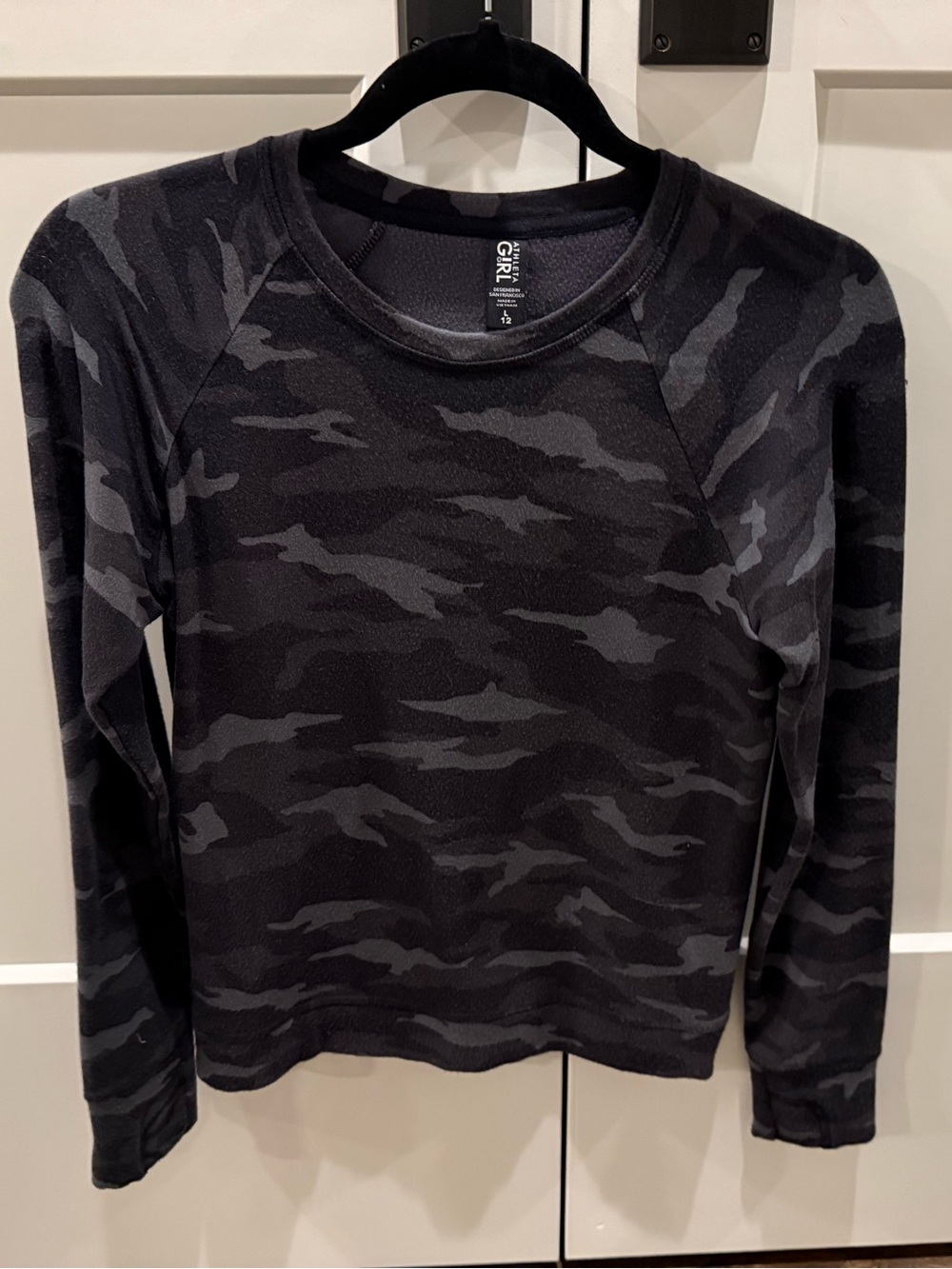 Athleta Girl Black & Charcoal Camo Long-Sleeve Sweatshirt, Sz 12